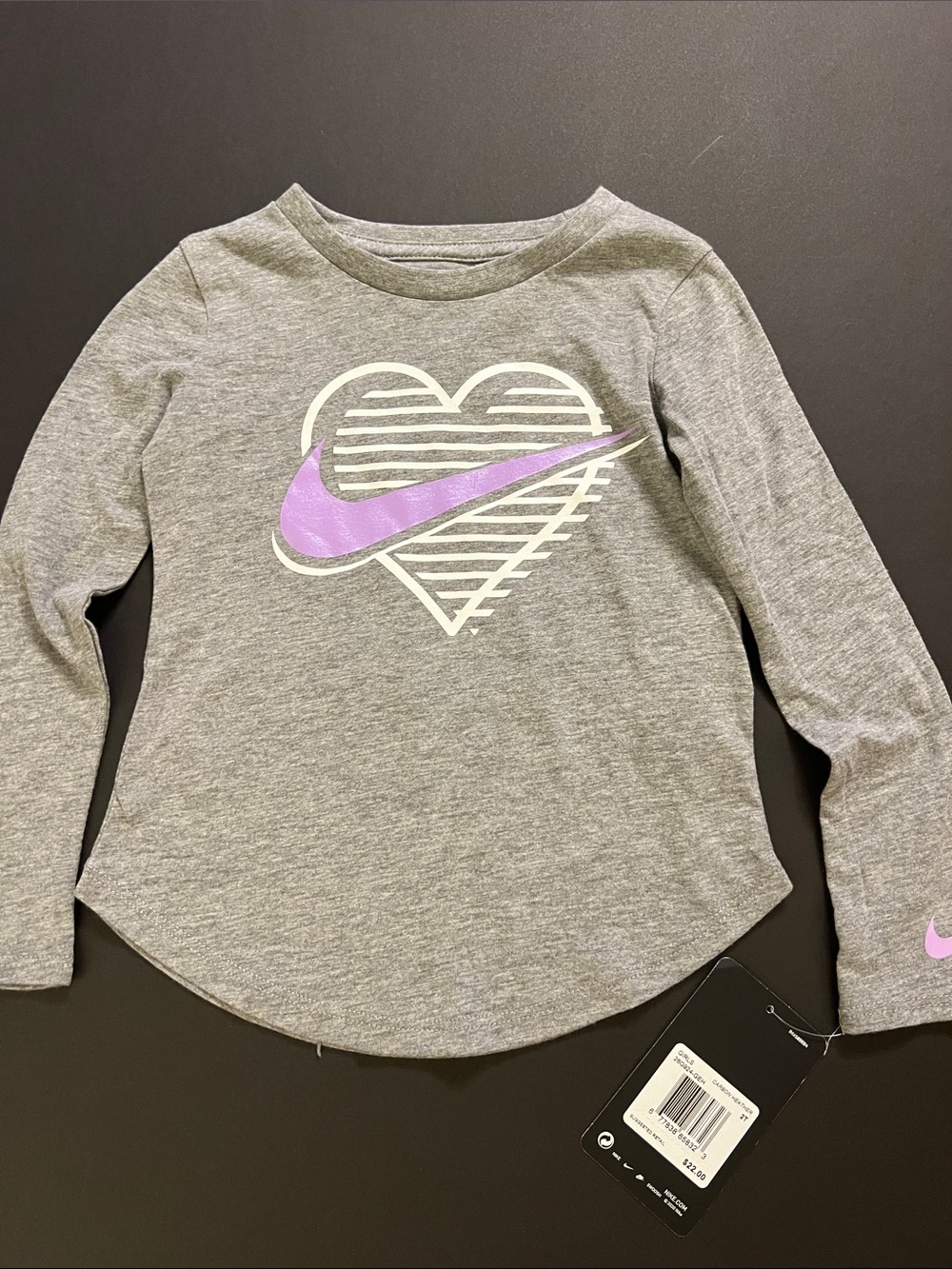 Girls Nike Gray Long Sleeve Tee with Lavender Swoosh Heart Graphic NWT